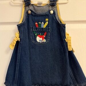 Vintage Denim Kids Overall Dress with Colorful Pocket Design